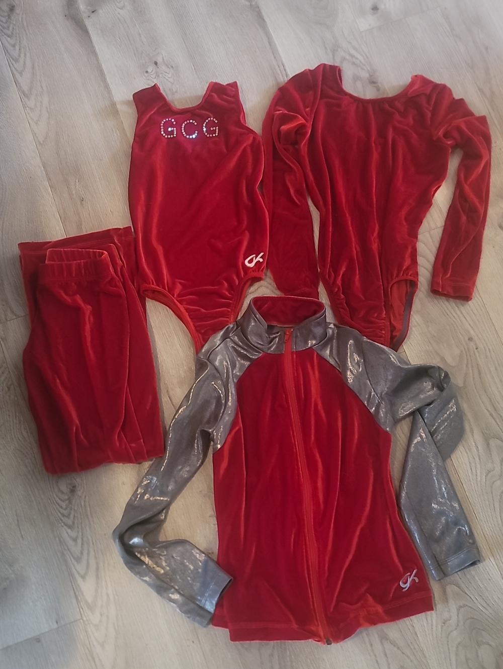 GK Leotard Set Red Velvet Gymnastics Leotard and Jacket/Pant Set CM & CL EUC!